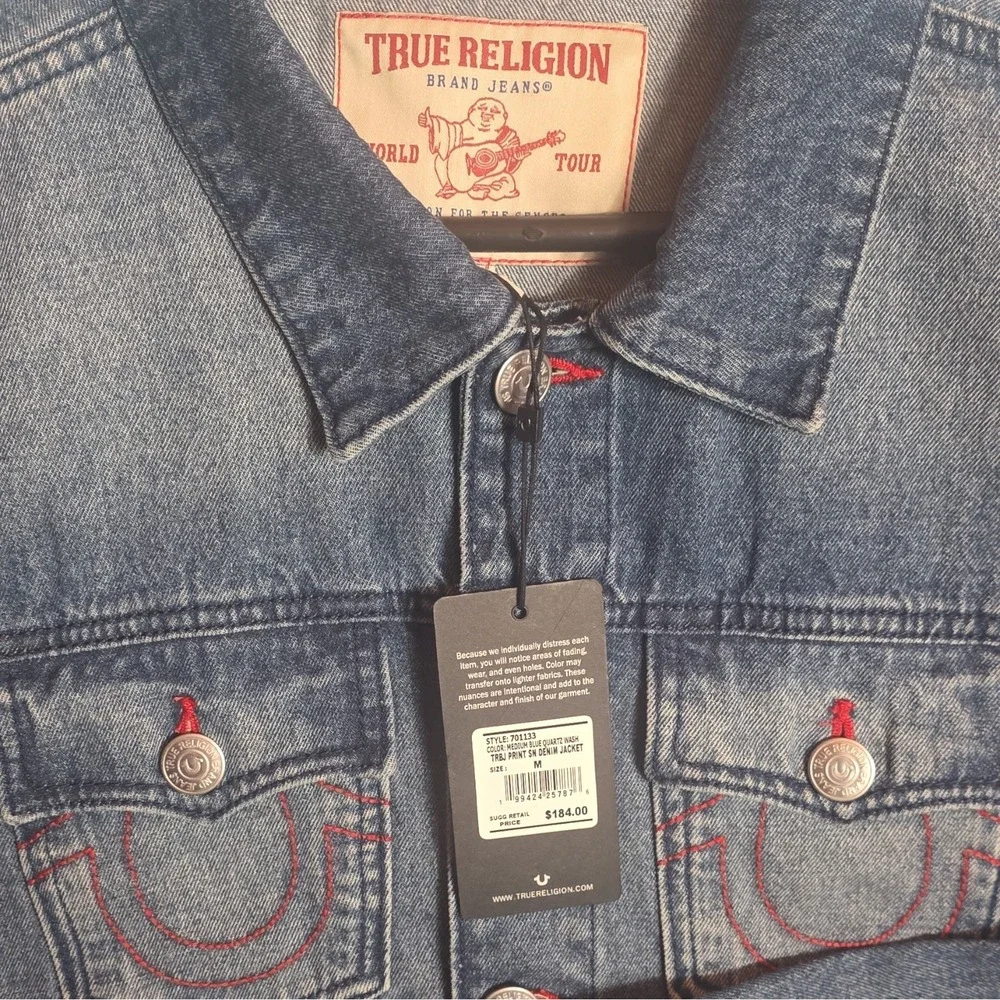 True Religion Men's Blue Jean Jacket Size M Logo Embroidered Button Pockets